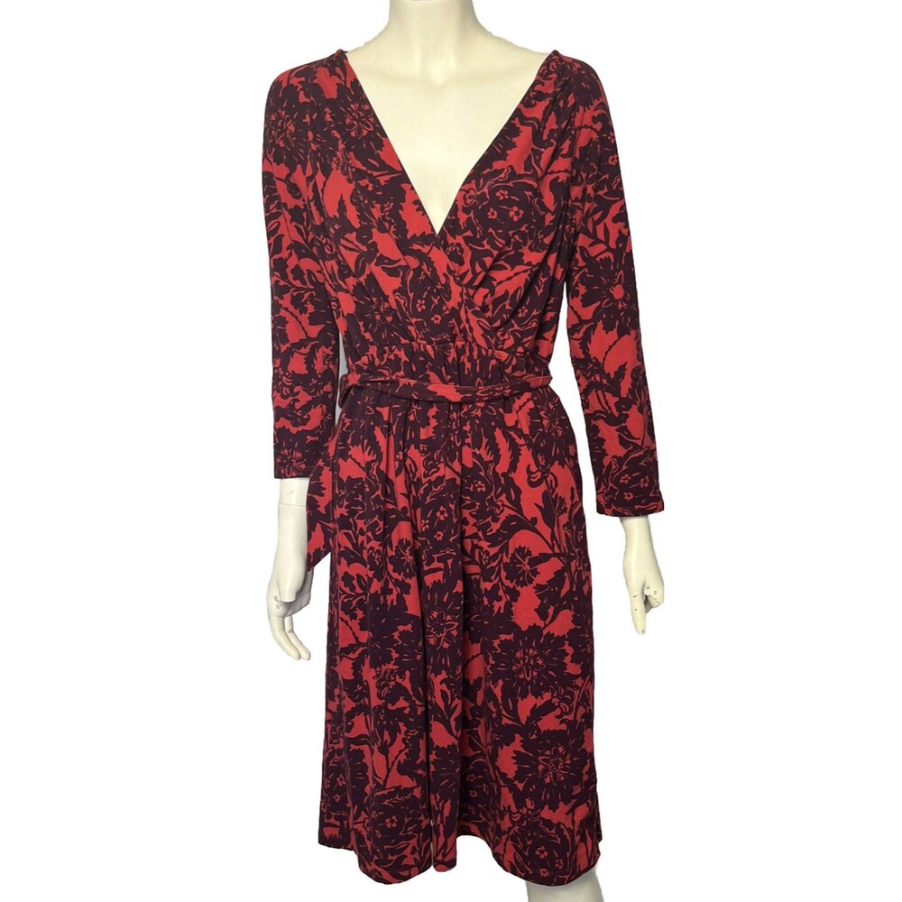 LANDS END Dress‎ Faux Wrap Knee Length Tie Belt Red Floral 6 8 Career Romantic